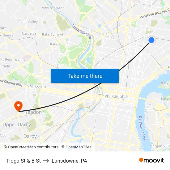 Tioga St & B St to Lansdowne, PA map