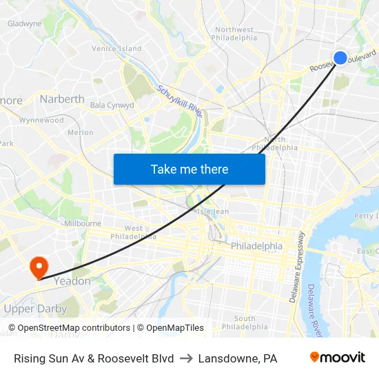 Rising Sun Av & Roosevelt Blvd to Lansdowne, PA map