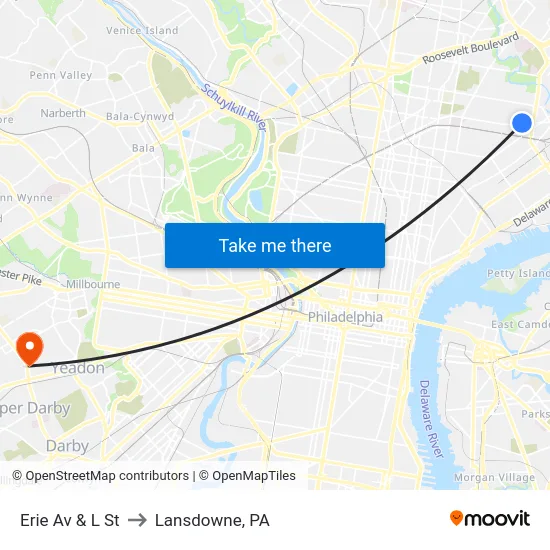 Erie Av & L St to Lansdowne, PA map