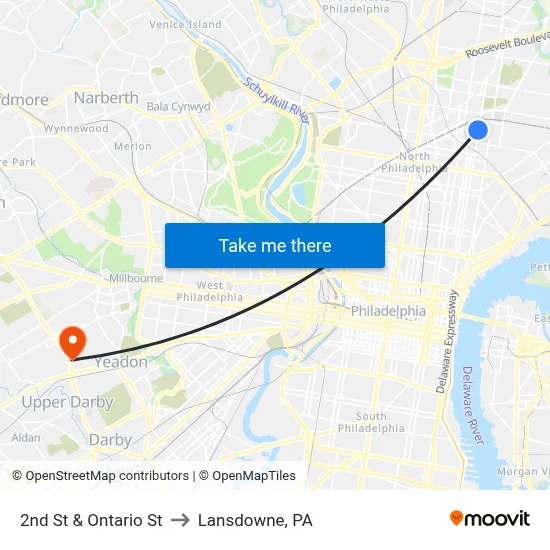 2nd St & Ontario St to Lansdowne, PA map