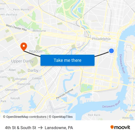4th St & South St to Lansdowne, PA map