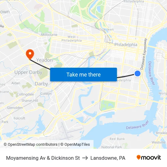 Moyamensing Av & Dickinson St to Lansdowne, PA map