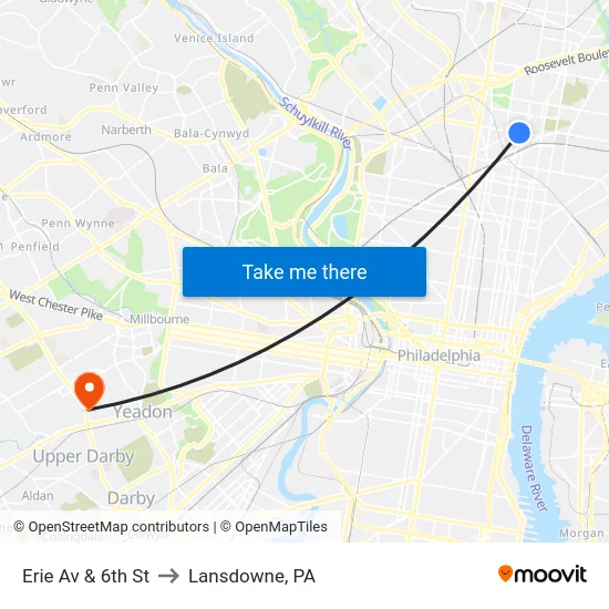 Erie Av & 6th St to Lansdowne, PA map