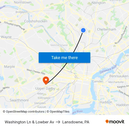 Washington Ln & Lowber Av to Lansdowne, PA map