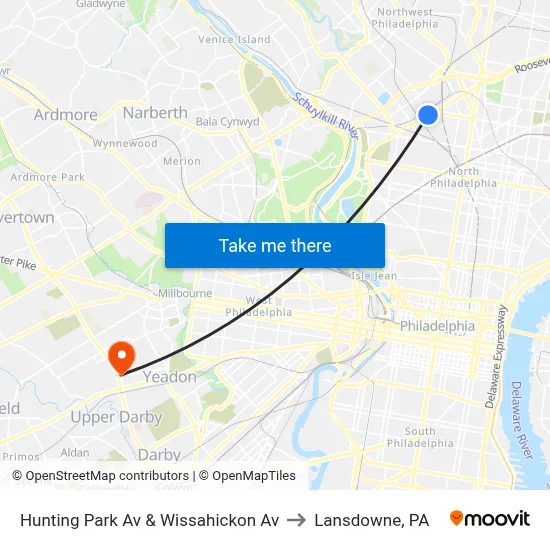 Hunting Park Av & Wissahickon Av to Lansdowne, PA map