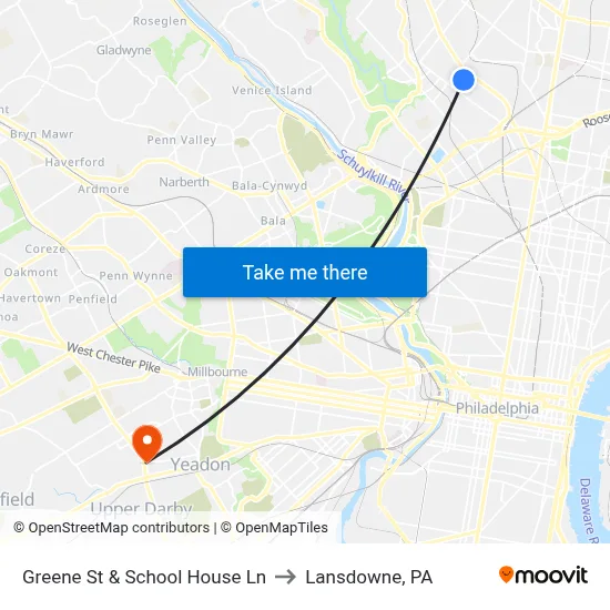 Greene St & School House Ln to Lansdowne, PA map