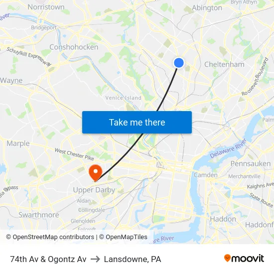 74th Av & Ogontz Av to Lansdowne, PA map