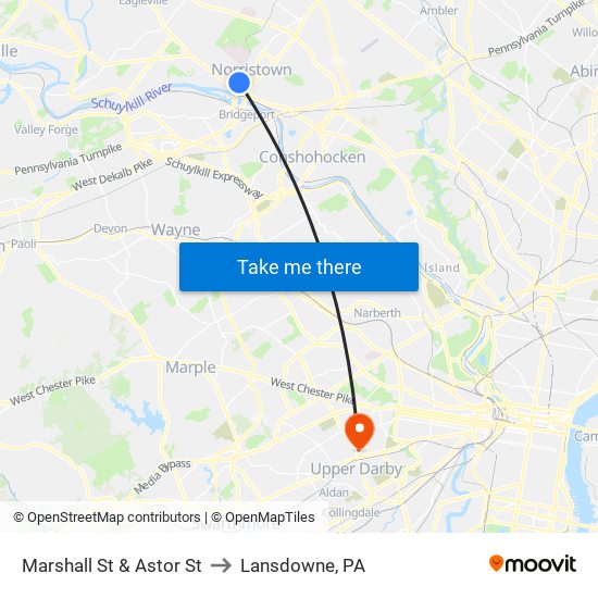 Marshall St & Astor St to Lansdowne, PA map