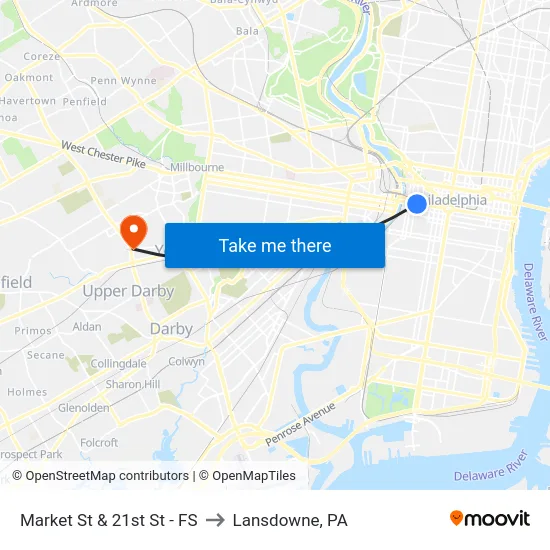 Market St & 21st St - FS to Lansdowne, PA map