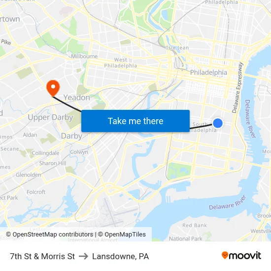 7th St & Morris St to Lansdowne, PA map