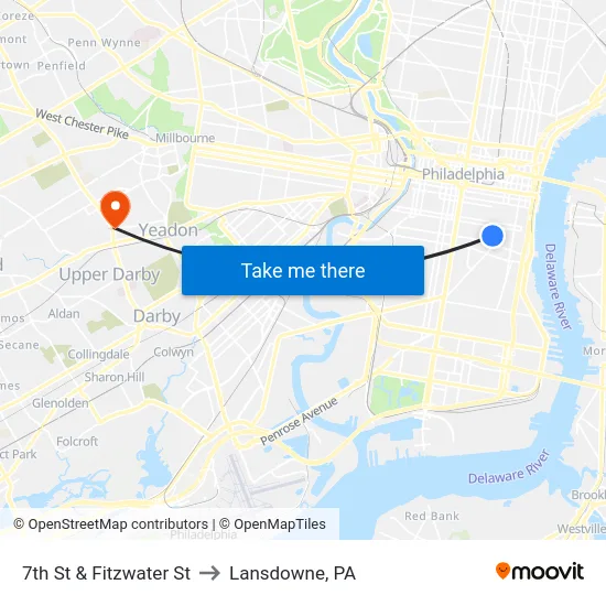 7th St & Fitzwater St to Lansdowne, PA map