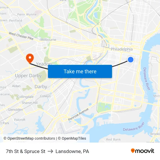 7th St & Spruce St to Lansdowne, PA map