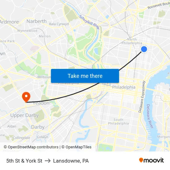 5th St & York St to Lansdowne, PA map