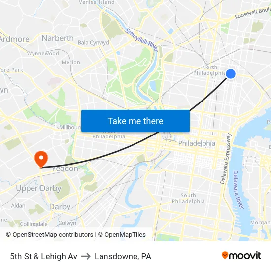 5th St & Lehigh Av to Lansdowne, PA map
