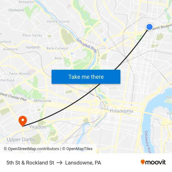 5th St & Rockland St to Lansdowne, PA map