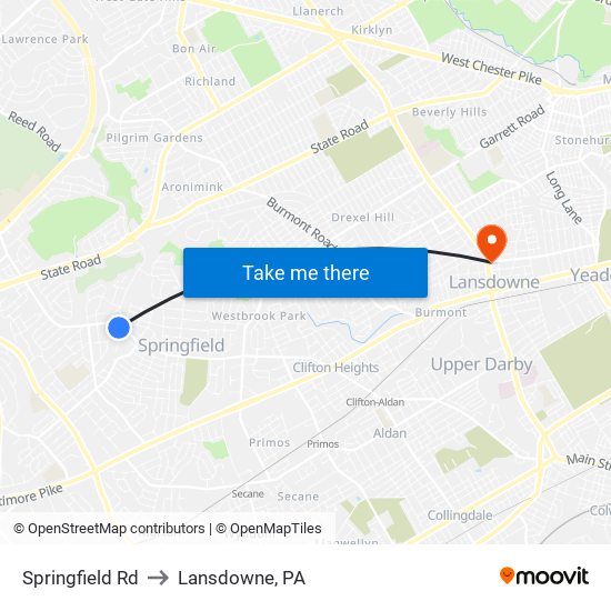 Springfield Rd to Lansdowne, PA map