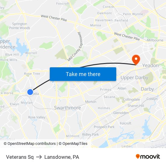 Veterans Sq to Lansdowne, PA map