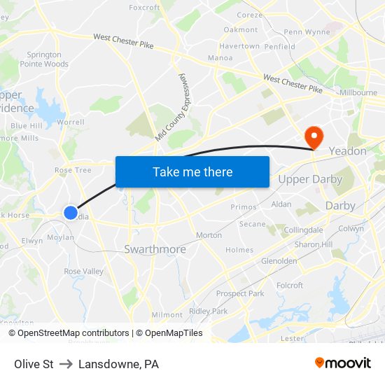 Olive St to Lansdowne, PA map