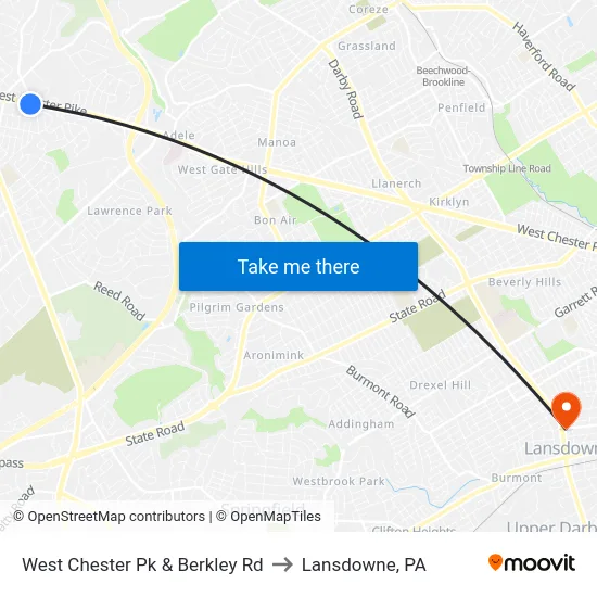 West Chester Pk & Berkley Rd to Lansdowne, PA map