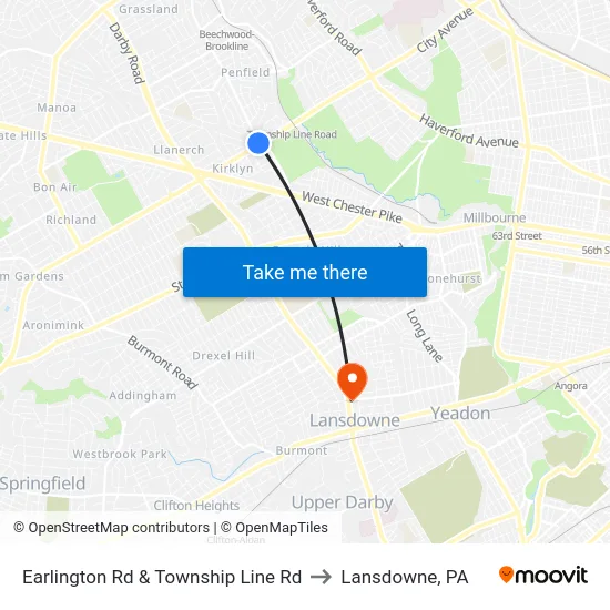 Earlington Rd & Township Line Rd to Lansdowne, PA map