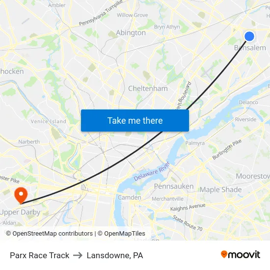Parx Race Track to Lansdowne, PA map