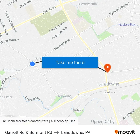 Garrett Rd & Burmont Rd to Lansdowne, PA map