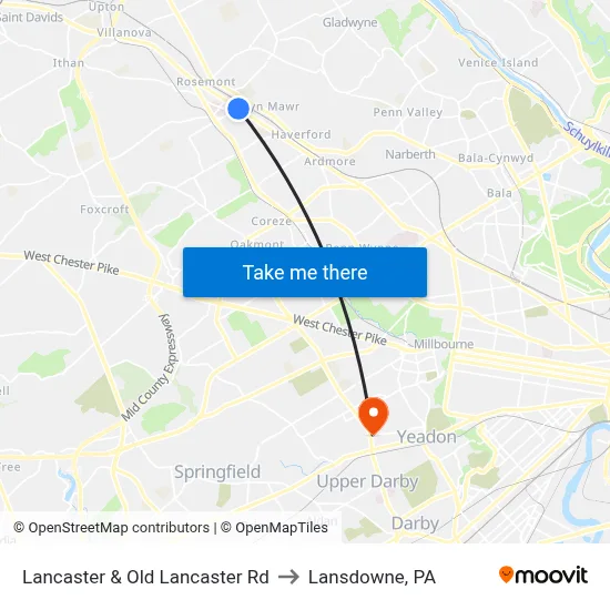 Lancaster & Old Lancaster Rd to Lansdowne, PA map