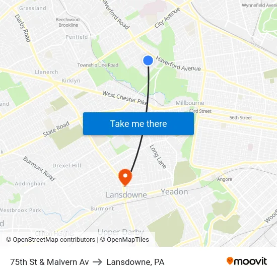 75th St & Malvern Av to Lansdowne, PA map