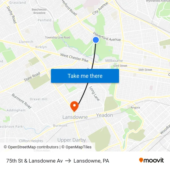 75th St & Lansdowne Av to Lansdowne, PA map