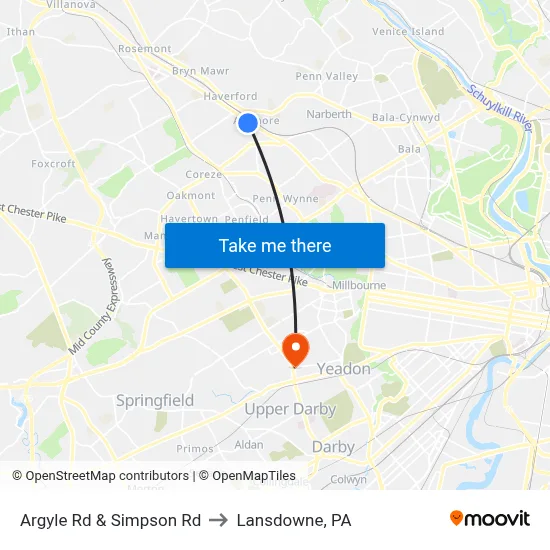 Argyle Rd & Simpson Rd to Lansdowne, PA map