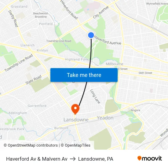 Haverford Av & Malvern Av to Lansdowne, PA map