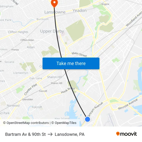 Bartram Av & 90th St to Lansdowne, PA map