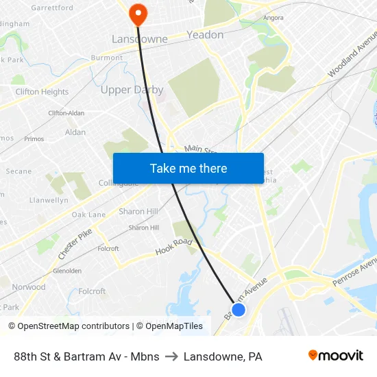 88th St & Bartram Av - Mbns to Lansdowne, PA map