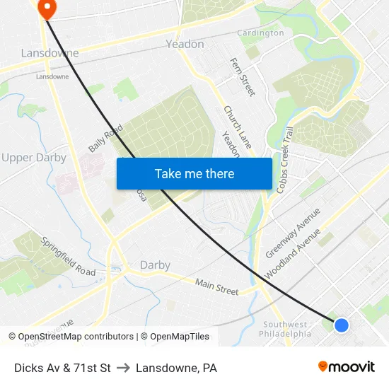 Dicks Av & 71st St to Lansdowne, PA map
