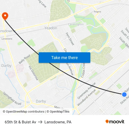 65th St & Buist Av to Lansdowne, PA map
