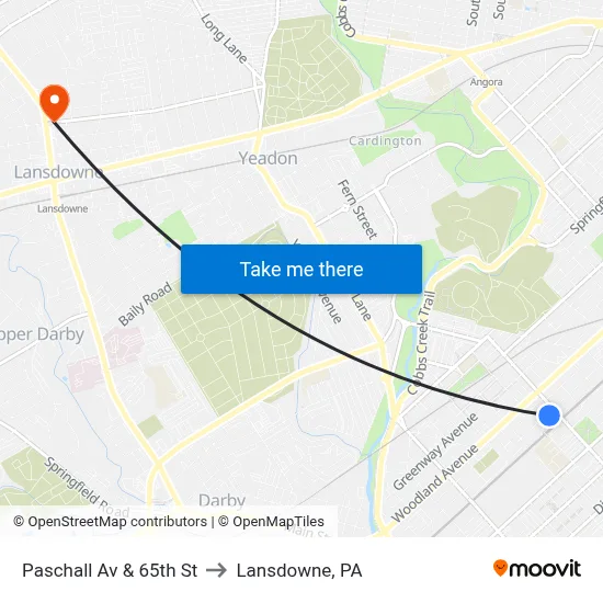 Paschall Av & 65th St to Lansdowne, PA map