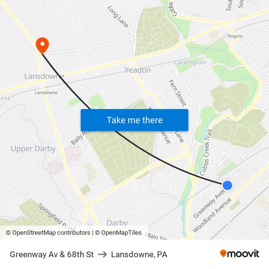 Greenway Av & 68th St to Lansdowne, PA map