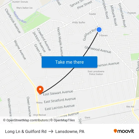 Long Ln & Guilford Rd to Lansdowne, PA map