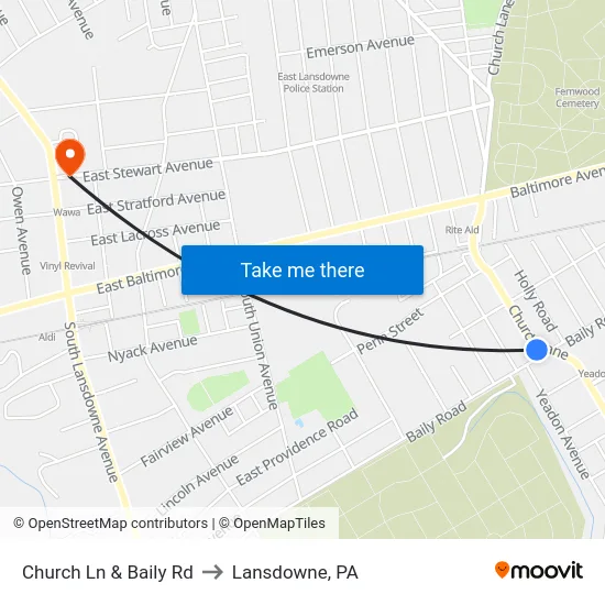 Church Ln & Baily Rd to Lansdowne, PA map