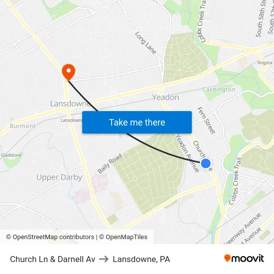 Church Ln & Darnell Av to Lansdowne, PA map