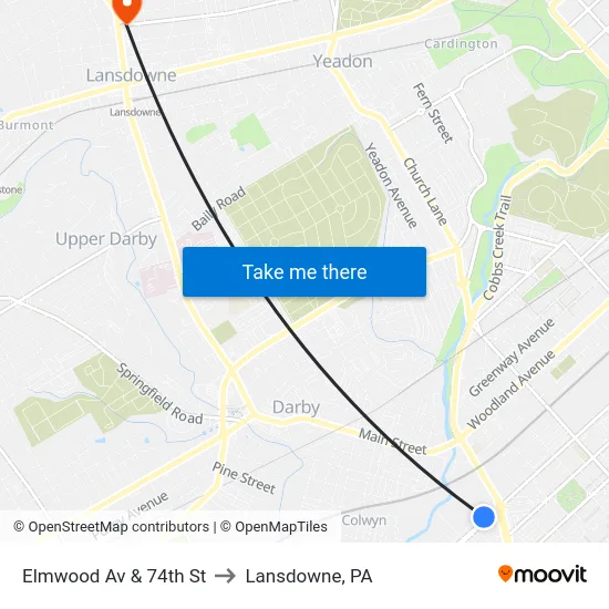 Elmwood Av & 74th St to Lansdowne, PA map