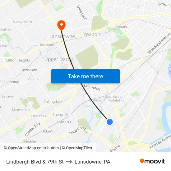Lindbergh Blvd & 79th St to Lansdowne, PA map
