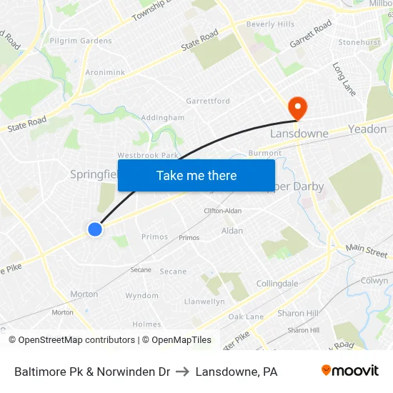 Baltimore Pk & Norwinden Dr to Lansdowne, PA map