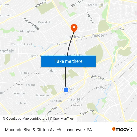 Macdade Blvd & Clifton Av to Lansdowne, PA map