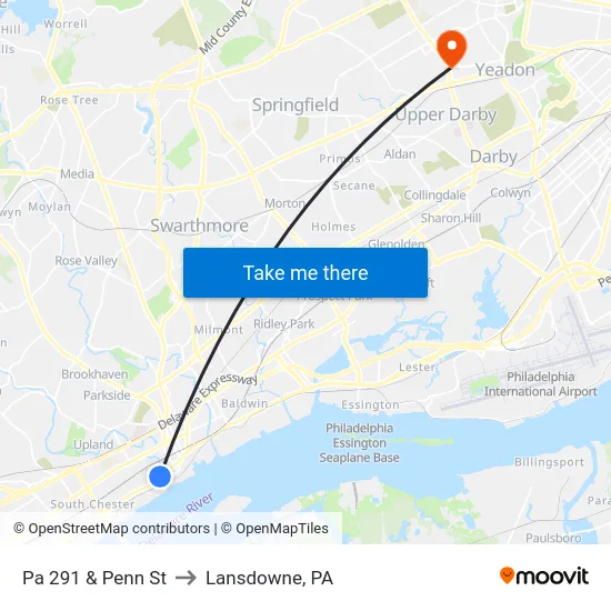 Pa 291 & Penn St to Lansdowne, PA map