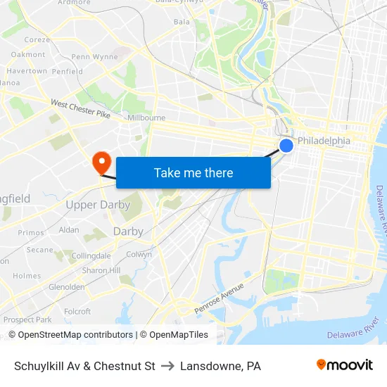 Schuylkill Av & Chestnut St to Lansdowne, PA map