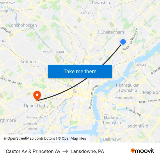 Castor Av & Princeton Av to Lansdowne, PA map