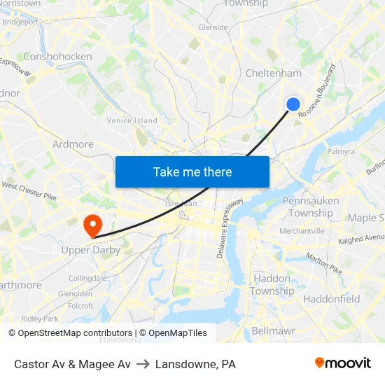 Castor Av & Magee Av to Lansdowne, PA map