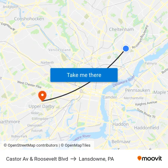 Castor Av & Roosevelt Blvd to Lansdowne, PA map