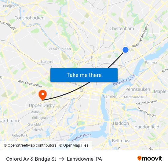 Oxford Av & Bridge St to Lansdowne, PA map